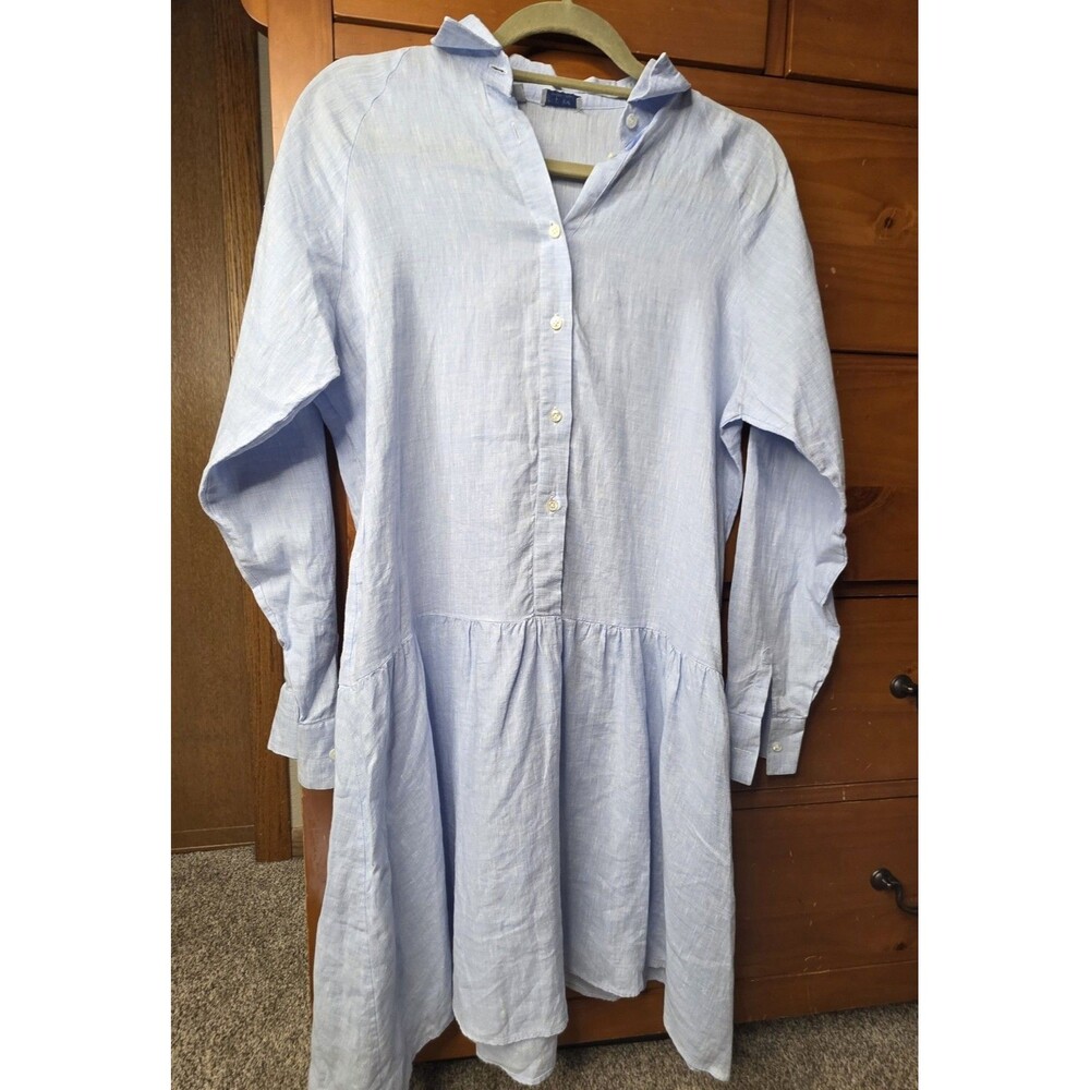 Swim With MI Linen Dress Size Large Long Sleeve Drop Waist Blue Beach Travel